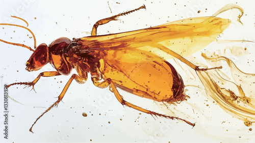 High-angle, close-up macro photograph of a fossilized ant preserved in amber. The ant is predominantly amber-colored with darker brown sections on its body.  Its wings are translucent and spread