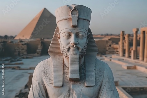 Ancient Egyptian Pharaoh Statue in Front of Pyramids