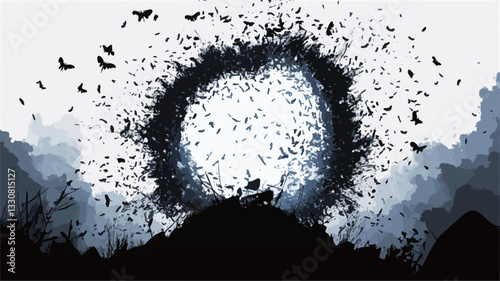 The image is a digital artwork depicting a large, dark, ring-shaped form at the center.  The ring is surrounded by a multitude of small, dark shapes suggestive of birds in flight.  The background