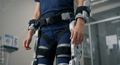 Robotic exoskeleton for medical rehabilitation. Innovative technology assisting patient mobility and recovery. Lower body support device in hospital setting.