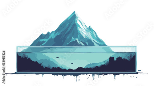 A stylized vector illustration depicting a snow-capped mountain peak appearing to be partially submerged underwater. The visible portion of the mountain is rendered in shades of light and dark