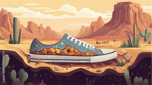 A digital illustration depicts a single canvas sneaker partially buried in sand. The sneaker features a stylized floral design. The background showcases a stylized desert landscape with cacti and