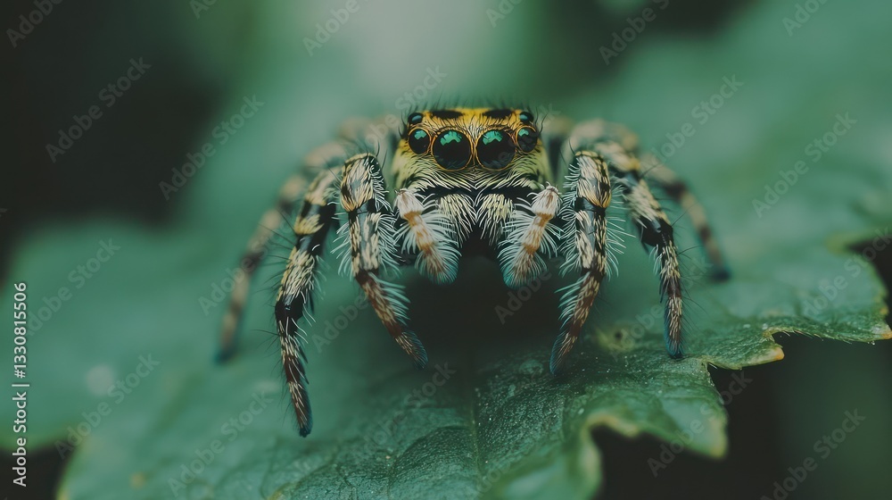 Jumping Spider on Leaf in Lush Forest Jumping Spider on Leaf in Lush Forest