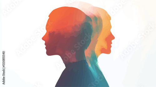 The image presents an abstract, double exposure portrait of two human profiles facing opposite directions.  The profiles are rendered as silhouettes with a blend of warm (orange, yellow) and cool