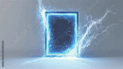 A digitally rendered image depicting a rectangular portal or frame emitting bright blue energy. The energy appears as glowing lines and sparks, emanating from the frame and extending outward.  The