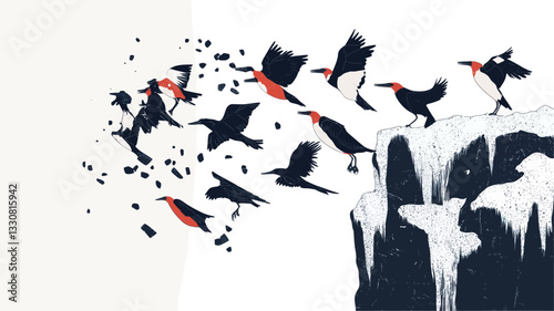 A stylized illustration depicting a flock of birds taking flight from a cliff edge next to a waterfall. The birds are rendered in a minimalist style with predominantly dark silhouettes, accented by