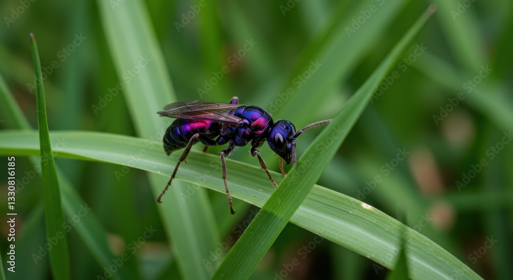 Vibrant Jewel Wasp on Lush Green Grass Blade: A Stunning Macro Photograph of a Metallic Insect Vibrant Jewel Wasp on Lush Green Grass Blade: A Stunning Macro Photograph of a Metallic Insect