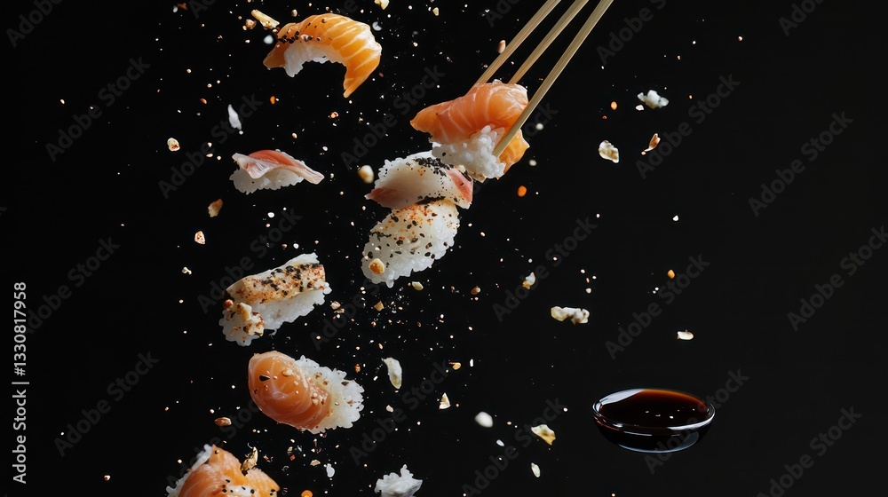 Sushi Pieces Exploding in Air with Chopsticks Sushi Pieces Exploding in Air with Chopsticks