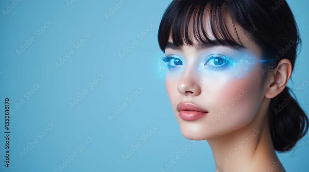Naklejka premium Asian woman with futuristic blue eye makeup and glowing virtual interface. Concept of augmented reality, biometric technology, and digital beauty enhancement in cosmetic industry
