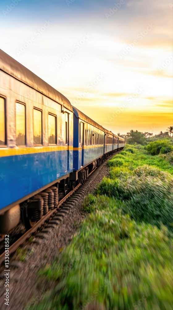 Obraz premium Electric train moving along grassy field depicting a scenic journey through lush countryside and nature surroundings