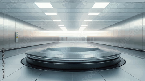 The image depicts a modern baggage carousel situated in a bright, spacious airport concourse. The carousel is circular, made of polished stainless steel with a dark gray base.  The walls of the