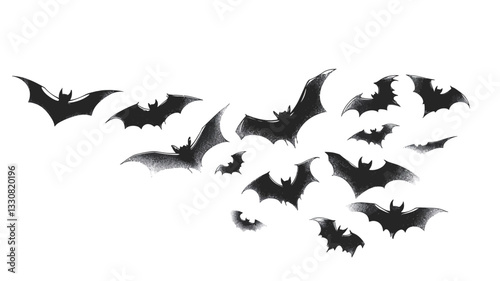 The image shows a collection of bat silhouettes in varying sizes and positions against a white background.  The bats are depicted in black, creating a high contrast image. The silhouettes are not