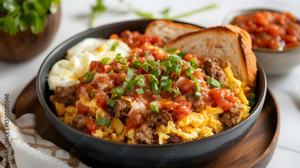 Delicious Hash Brown Bowl with Sausage, Eggs, Salsa, and Toast Served in a Rustic Style Delicious Hash Brown Bowl with Sausage, Eggs, Salsa, and Toast Served in a Rustic Style