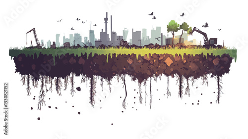 A digital illustration depicting a cityscape situated on a floating island of earth and roots. The style is stylized and slightly abstract, with muted color palettes. The cityscape includes various