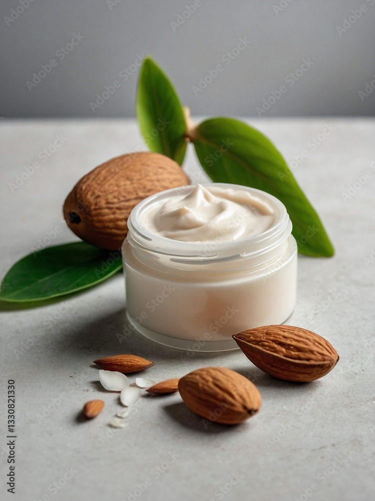Creamy almond moisturizer with natural ingredients like almonds and green leaves on a light background