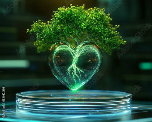 A glowing heart-shaped tree symbolizes love and nature's connection, showcasing green vitality in a modern display.