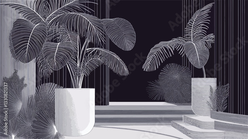 The image is a grayscale rendering of a modern interior space.  The scene features two large potted palm plants positioned on either side of a series of shallow steps or a platform. The background