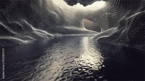 The image shows a long shot of a narrow cave passage or canyon.  The passage is predominantly dark, with rough, textured rock walls on either side. A small stream or body of water runs along the