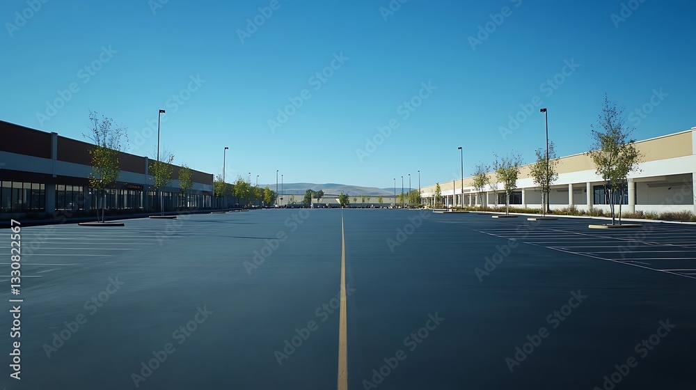 Empty Commercial Parking Lot with Strip Mall on a Clear Day Empty Commercial Parking Lot with Strip Mall on a Clear Day