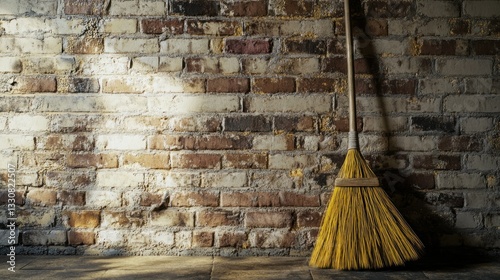 A yellow broom leaned against an aged brick wall indoors