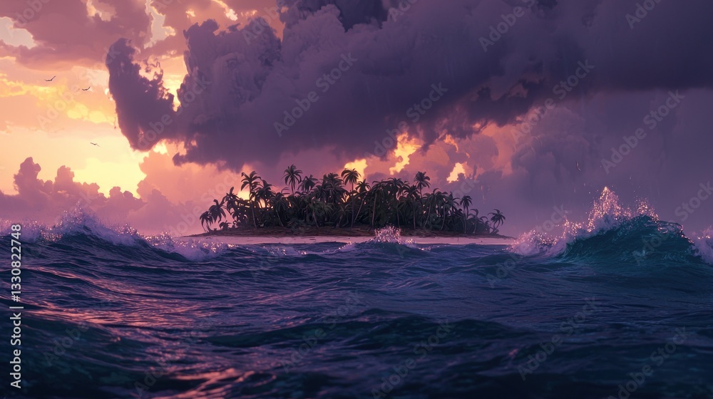 Fototapeta premium Tropical island paradise sunset with dramatic clouds and ocean waves.