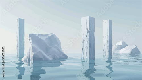 The image depicts a minimalist, abstract scene featuring several white, sculpted icebergs and tall, rectangular pillars partially submerged in calm, light blue water.  The icebergs are irregular in