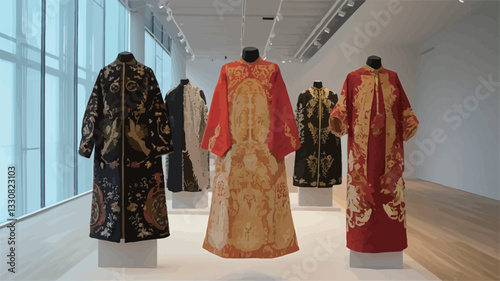 Eye-level interior shot of four long, ornate garments displayed on mannequins in a minimalist museum setting. The garments are predominantly long robes or coats with intricate embroidery and