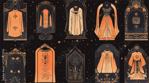 The image presents a repeating pattern featuring twelve distinct illustrations of stylized garments. Each garment is depicted within an ornate, arched frame against a dark background speckled with