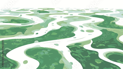 The image is a stylized aerial view of a river meandering through a lush green landscape. The river is depicted in off-white, contrasting sharply with the various shades of green representing the