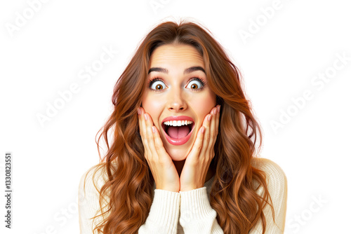 Happy young woman with long wavy hair expressing excitement, wearing a sweater, isolated on a white background. Concept of surprise and happiness. Ai generative