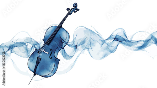 The image depicts a stylized blue cello positioned centrally against a white background.  The cello is rendered in a semi-transparent, almost watercolor-like style.  Behind and around the cello are
