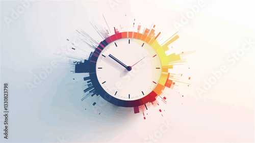 The image shows a simple, round analog clock with black hands and a white face.  The clock is surrounded by an abstract burst of colorful, radiating lines and splashes in shades of red, orange,