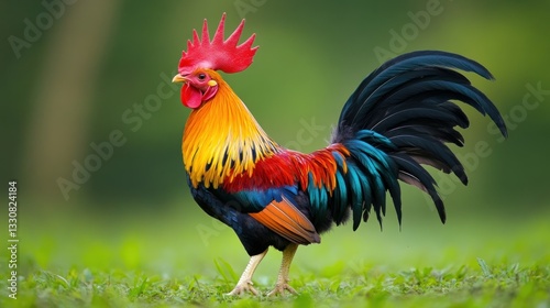 Wallpaper Mural A vibrantly colored rooster stands on green grass facing right Torontodigital.ca