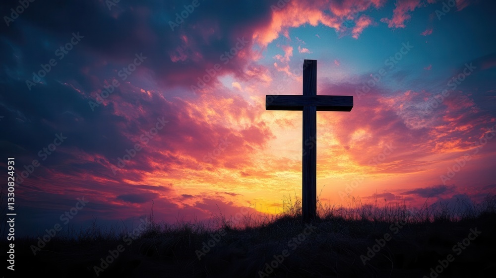 Striking Silhouette of a Cross Against a Vast, Dramatic Sky, Evoking Deep Spiritual Reflections and Timeless Religious Symbolism Striking Silhouette of a Cross Against a Vast, Dramatic Sky, Evoking Deep Spiritual Reflections and Timeless Religious Symbolism