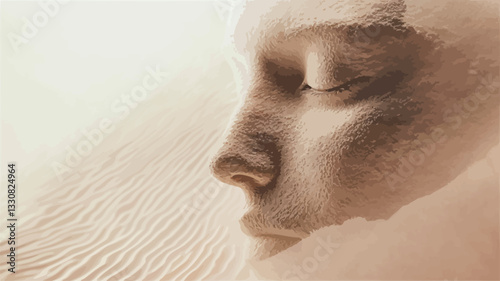 Close-up profile view of a woman's face partially covered and blended with sand. The image is predominantly beige and neutral tones, with soft lighting highlighting the features and textures. The