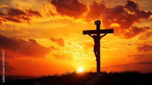 Striking Silhouette of Jesus on the Cross Set Against a Fiery Orange Sunset, Evoking Deep Prayerful Reflection and Spiritual Praise