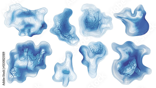 The image contains a collection of ten abstract shapes rendered in shades of blue.  The shapes are amorphous and organic, resembling watercolor washes or paint splatters.  They feature variations