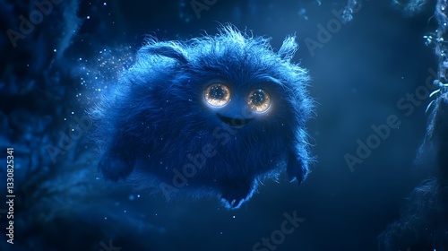 Fluffy Creature Floating with Glowing Eyes in a Dreamy Forest