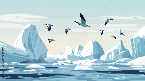 A digital illustration depicting a flock of dark-colored birds in flight over a seascape filled with numerous icebergs and ice floes. The ice formations vary in size and shape, with some towering