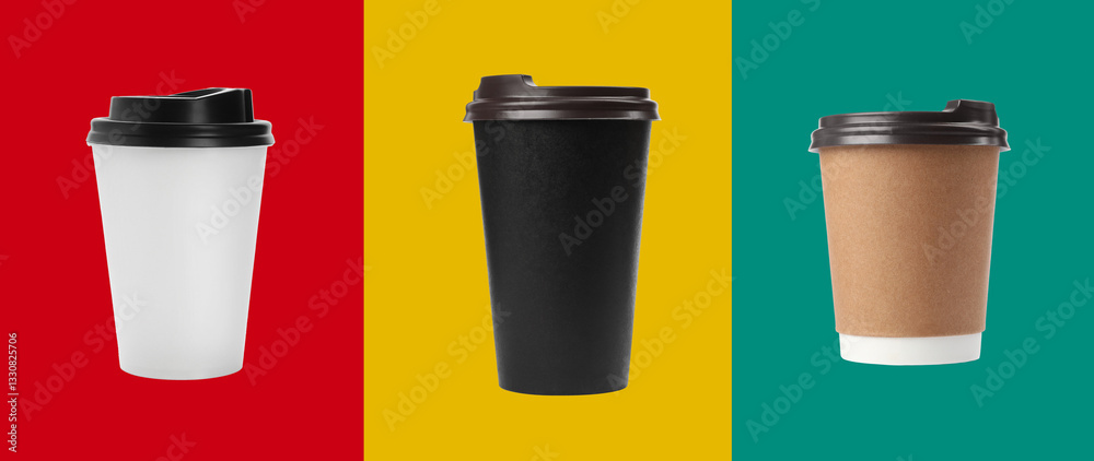 Different paper takeaway cups on colorful background, set Different paper takeaway cups on colorful background, set