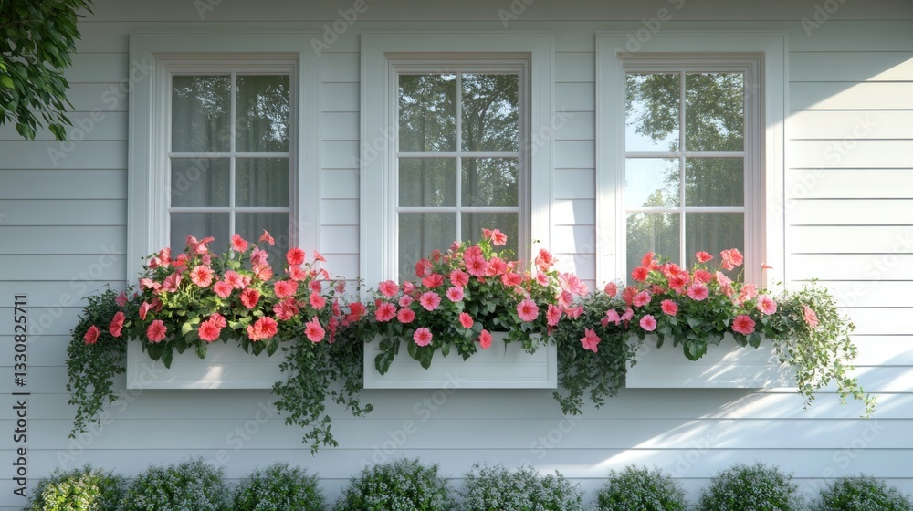 Fototapeta premium Three windows with vibrant pink flowers in window boxes