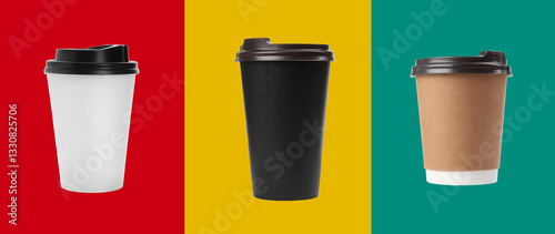Wallpaper Mural Different paper takeaway cups on colorful background, set Torontodigital.ca