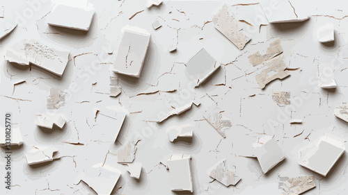 The image presents a detailed close-up view of a textured surface predominantly in shades of white and off-white.  The surface appears to be composed of numerous small, irregular, fragmented shapes