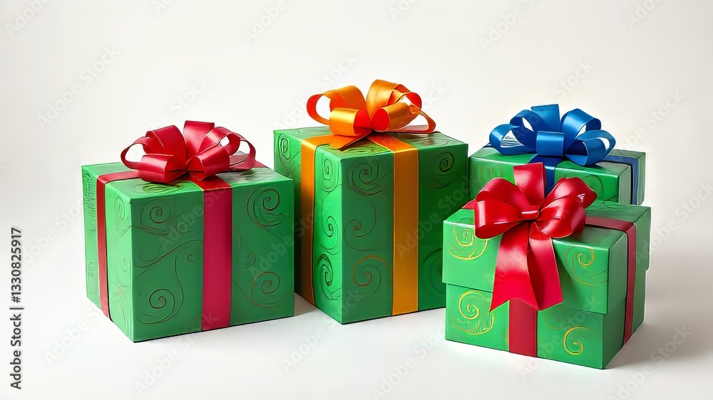 Obraz premium Vibrant Green Gift Boxes with Ribbons - AI Photo