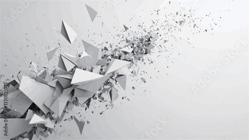 The image depicts a 3D rendering of fragmented geometric shapes, predominantly triangular and irregular forms, appearing to explode or disintegrate from a central point.  The color palette is