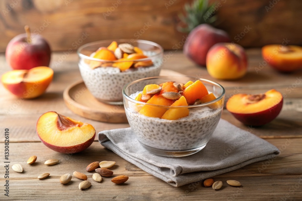 Delicious Creamy Chia Seed Pudding with Sliced Peaches and Toasted Almonds, a Refreshing and Wholesome Breakfast or Snack Option