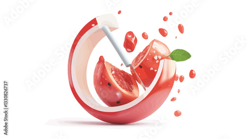 A digital illustration depicting a stylized representation of watermelon slices and juice in dynamic motion against a white background.  The watermelon is depicted in a curved, almost spherical