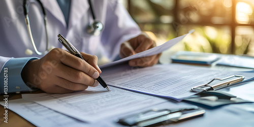 Nurse Reviewing Patient Charts with Bokeh Effect in Healthcare Setting