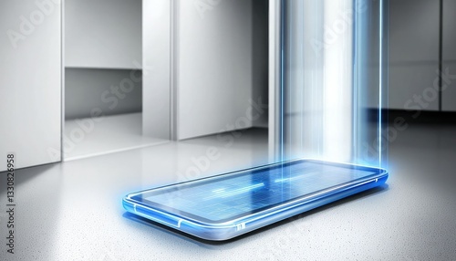 A futuristic smartphone is depicted, glowing with blue light, seemingly emitting energy in a sleek, minimalist environment.