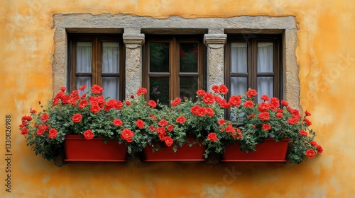 Three-windowed alcove with red flowers in terracotta planters against a yellow stucco wall